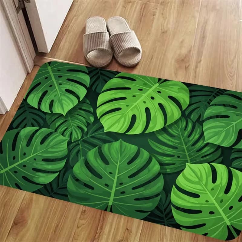 Tropical Monstera Leaf Entryway Doormat Dark Background Green Foliage Print Non Slip Absorbent Floor Rug For Kitchen