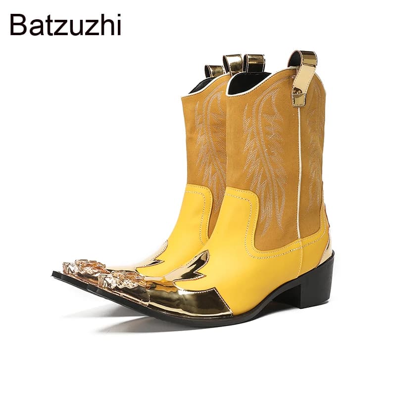 Batzuzhi Punk Stivali da uomo di lusso con punta in ferro dorato Stivaletti in vera pelle gialla Uomo Tacchi alti 6,5 cm Cowboy occidentale