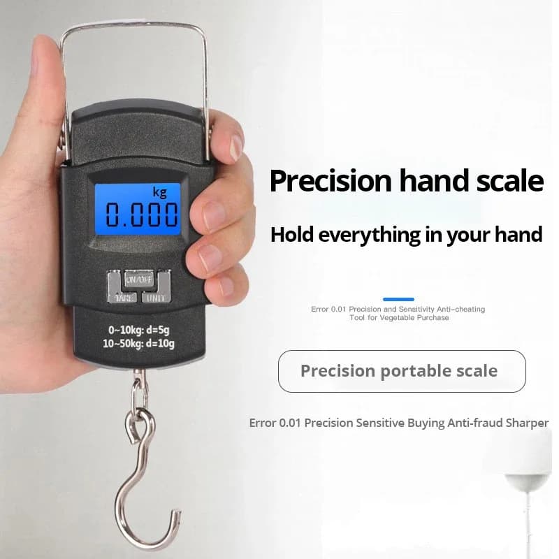 Bilancia Elettronica Portatile Nera da 50kg con Display LCD, Bilancia per Consegne Express con Gancio, Mini Bilancia