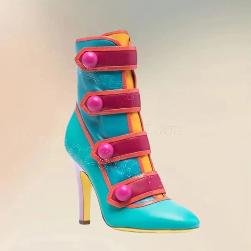 Stivali a punta in pelle verniciata con bottoni colorati Cerniera posteriore Scarpe da donna Tacchi alti sottili Banchetto per feste 2025 Zapatos Para Mujere