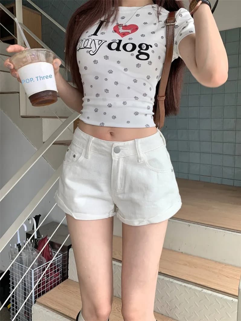 Shorts in denim bianco a vita alta da donna, estivi, versatili, casual, a gamba dritta, aderenti
