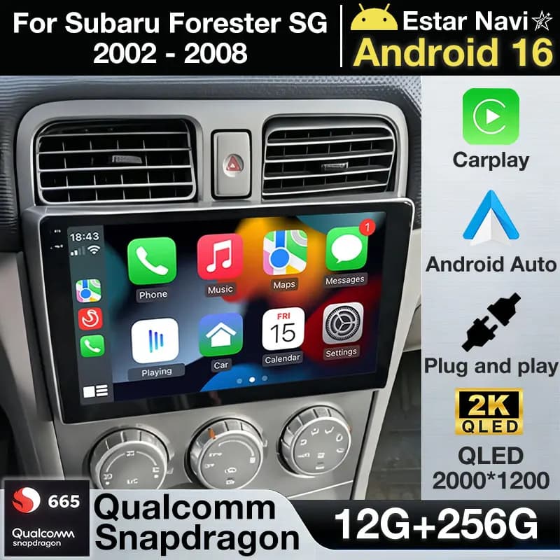 Autoradio Android 16 per Subaru Forester SG 2002-2008, Lettore Multimediale Video, Navigatore GPS Stereo, Wireless CarPlay, Telecamera 360