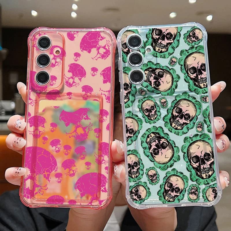 Custodia Morbida Trasparente con Motivo Teschio Floreale per Samsung Galaxy S26 S24 S23 Ultra S22 Plus S25 Edge S25 FE con Porta Carte e Portafoglio