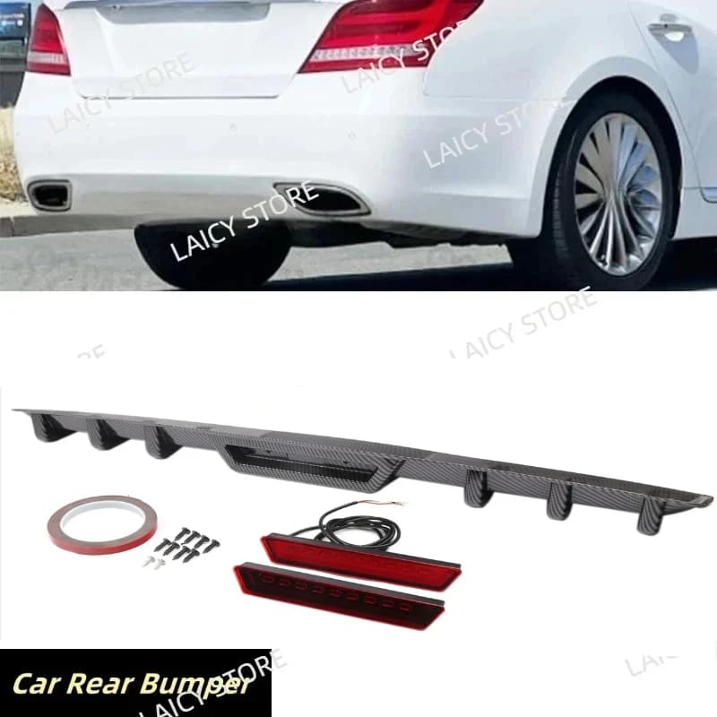LAICY For H-yundai Equus 2011-16 Car Rear Bumper Diffuser Lip w/ Tail Brake Stop Light Splitter Spoiler Shark Fin Lip Kit Black