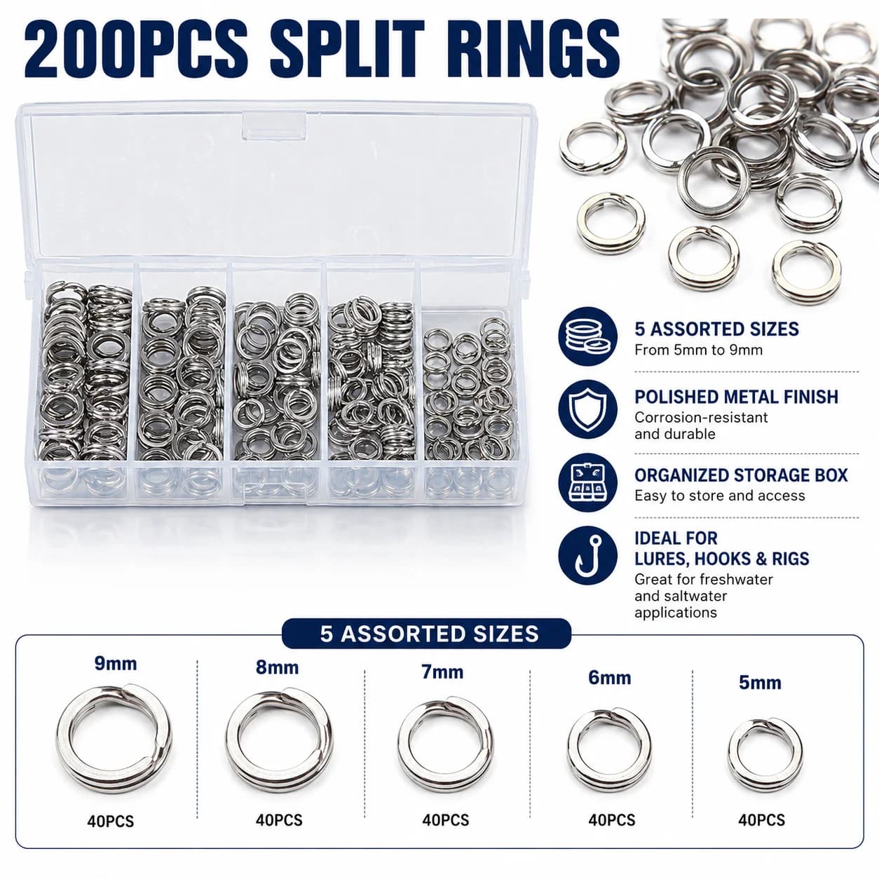 200Pcs Stainless Steel Fishing Split Rings Kit, 5 Sizes Lure Connecting Split Rings with Storage Box Fishing Tackle
