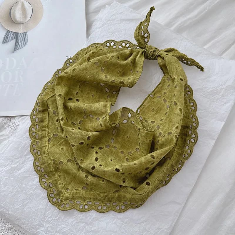 Pure cotton lady hollow triangle scarf with curved edges and sweet student scarf, fresh and short hair tie