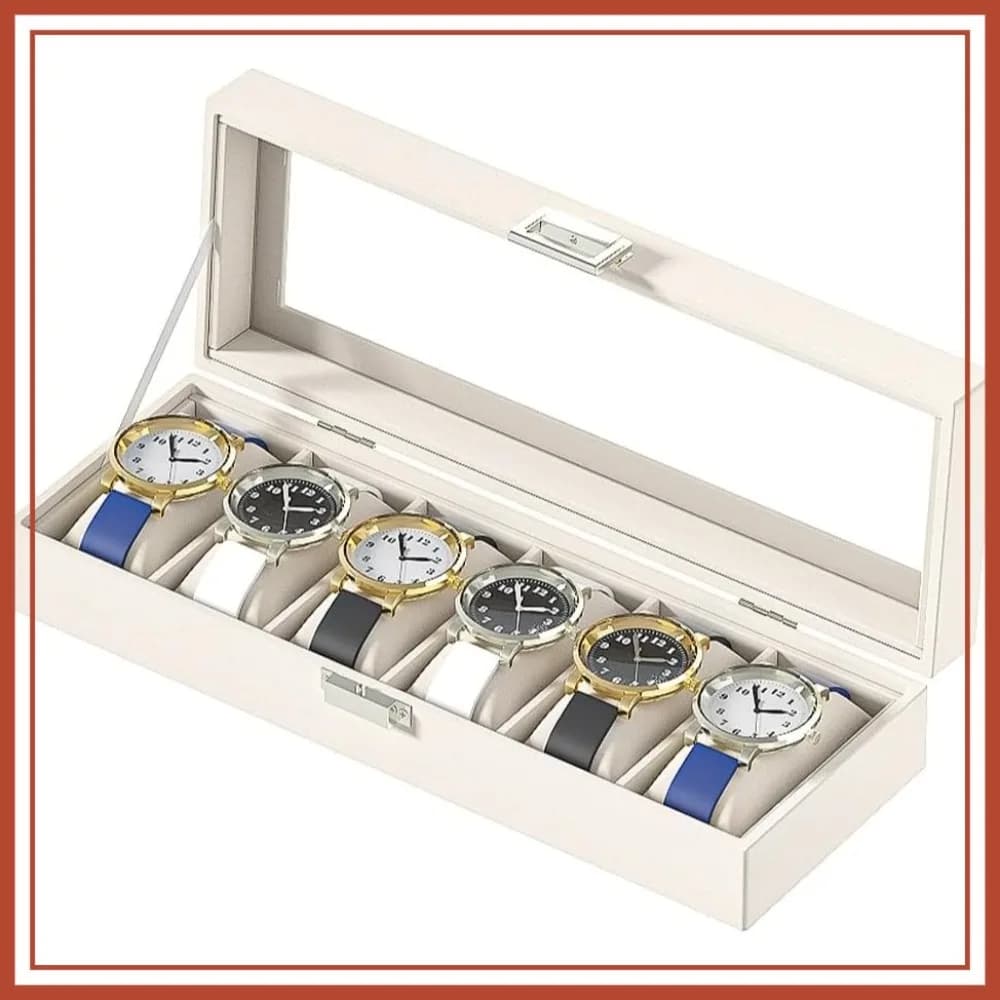 Espositore per Orologi in Pelle a 6 Scomparti, Scatola Organizzatore da Viaggio in Velluto Beige per Uomo e Donna