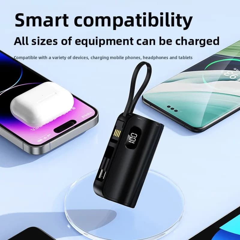 Power Bank con cavo automatico da 5000 MAh Power Bank con capsula a doppia spina transfrontaliera, viene fornito con 2 linee, adatto per la maggior parte degli elettronici