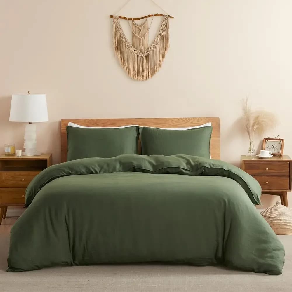 Set Copripiumino King Size in Lino Naturale, 80x90 con Lacci e Cerniera, Traspirante per Chi Soffre il Caldo (Verde Oliva) Offerta a Tempo Limitato