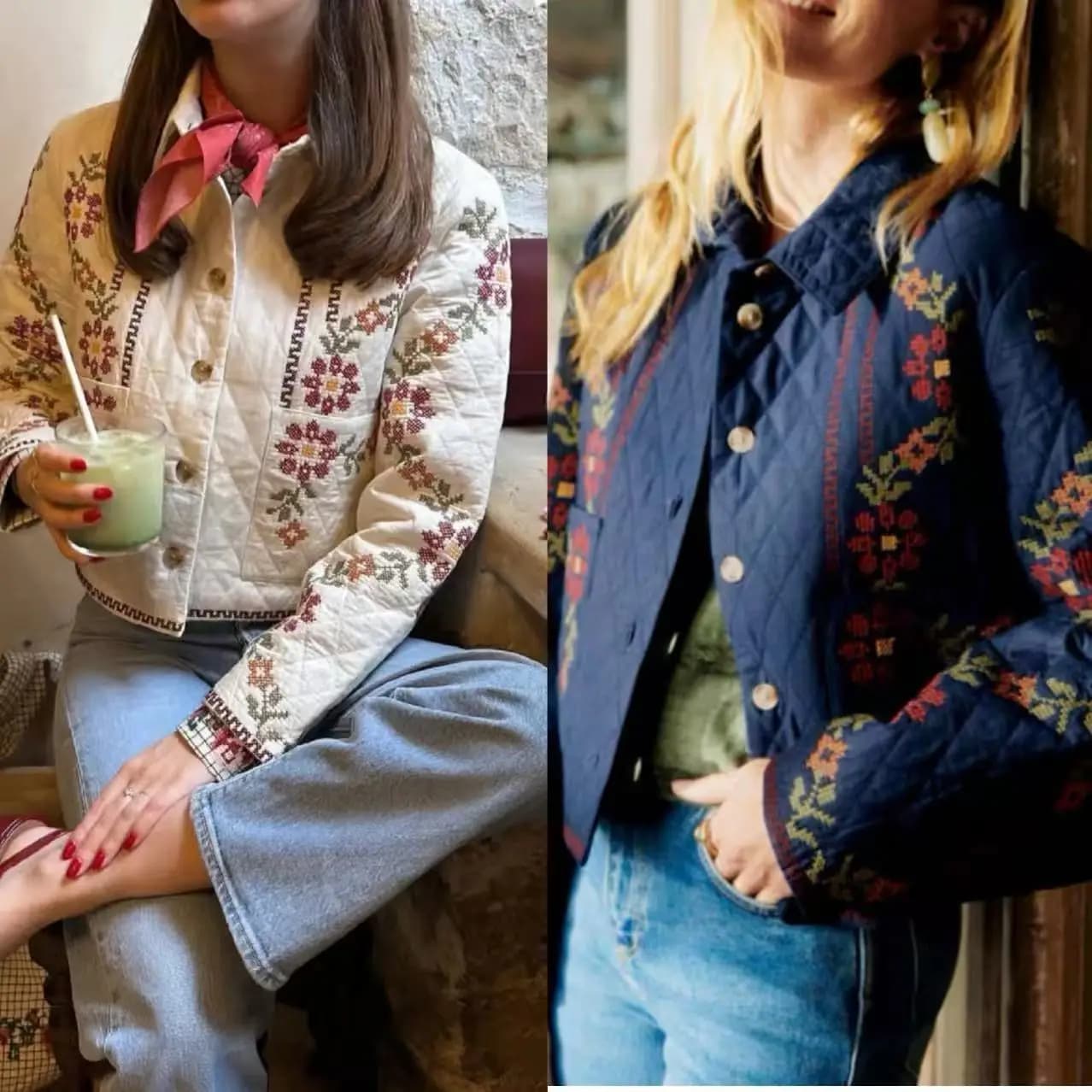 Giacca Corta in Cotone alla Moda per Donna, Stile Francese con Ricamo a Punto Croce, Sottile, per Autunno e Inverno, Manica Lunga