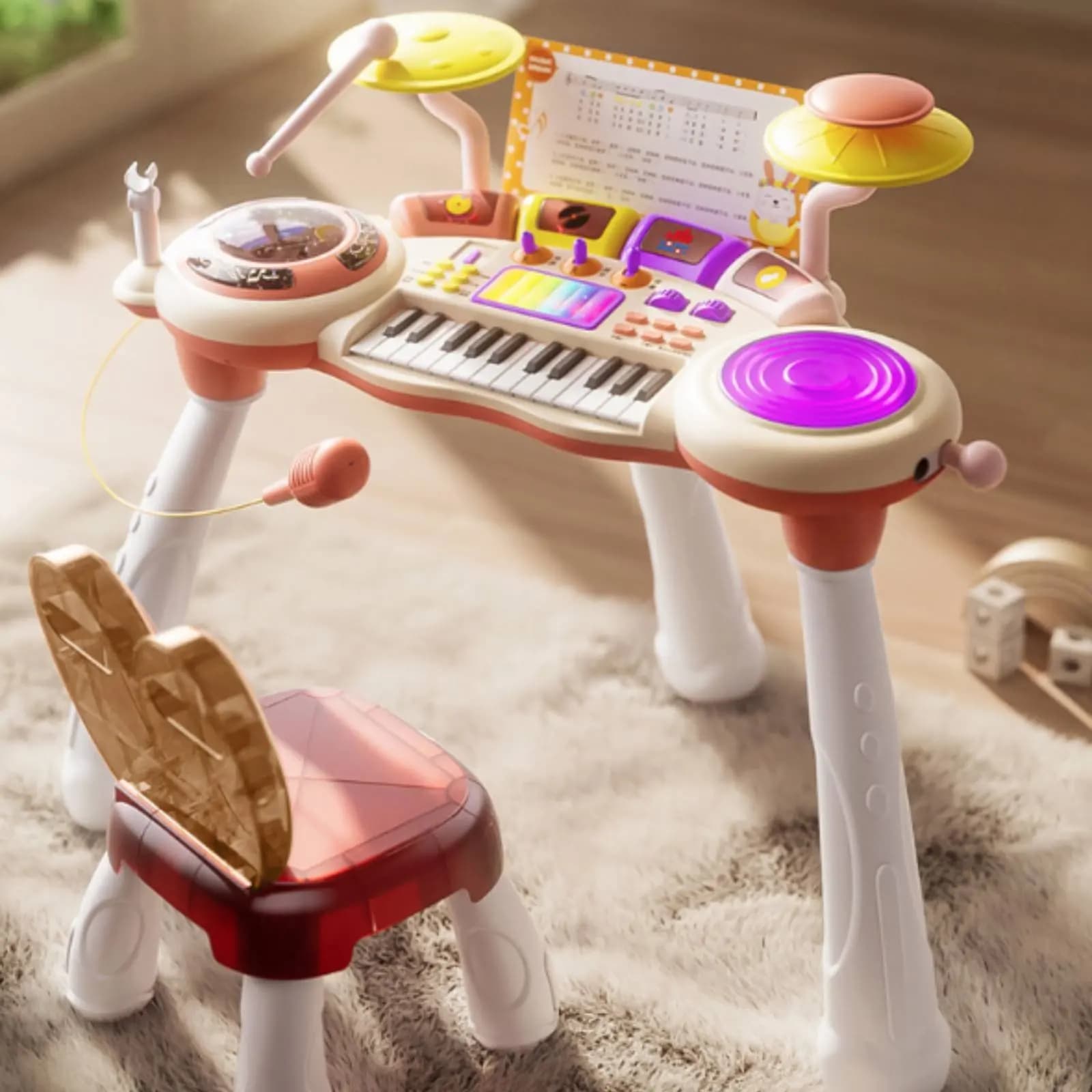 Giocattolo Educativo DJ Piano, Tastiera Multifunzione per Bambini con Pad per Batteria 2 in 1, Luci LED, Ideale come Regalo