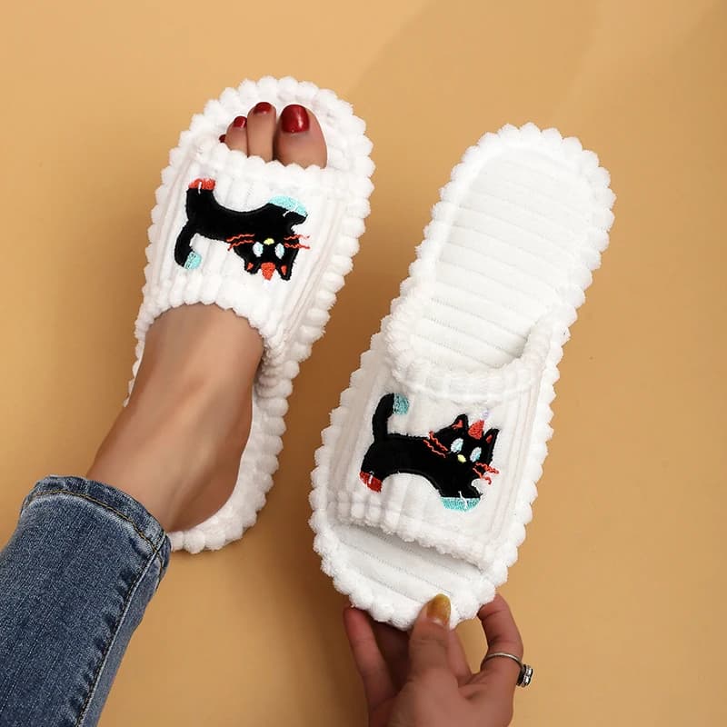 Cute Striped Cat Home Slippers Women Four Seasons Open Toe Soft Sole Cotton Slides Woman Comfort Indoor Flats Corduroy Slippers