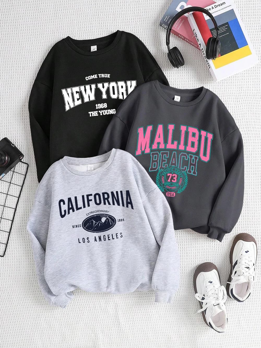 New York California Malibu Letter Felpe Inverno Donna Casual Felpa con cappuccio allentata in pile Caldo girocollo Pullover Abiti comodi