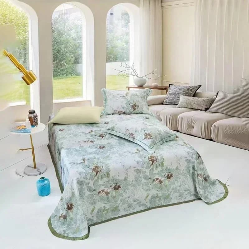 Set di tre pezzi di lenzuola in seta ghiaccio, lavabili, estivi, rinfrescanti, morbide, con gonna per materasso.