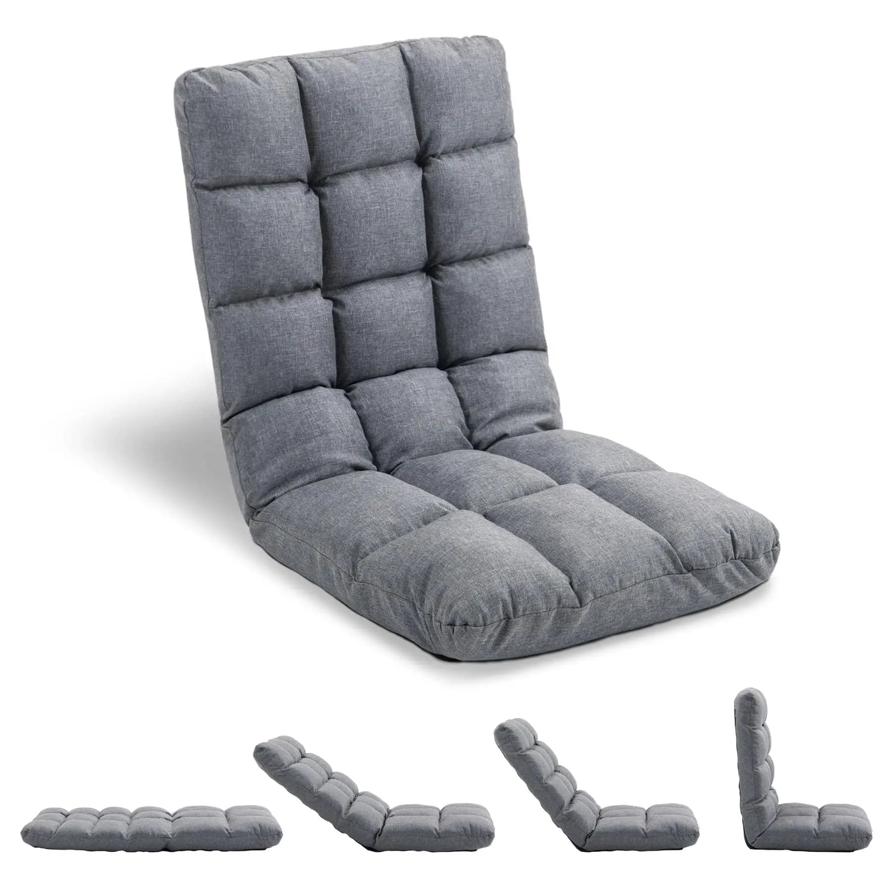 Grey Adjustable Floor Lounge Chair With Quilted Backrest And Seat, 14 Recline Positions For Reading, Gaming, Or Relaxation