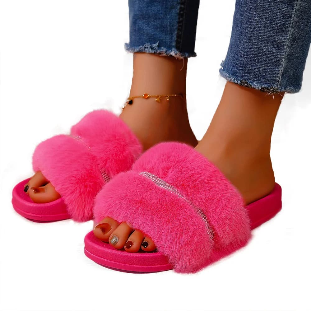 Summer Faux Fur Slippers Fliffy Pink Fur Slides Solid Color Flats Comfortable Women's Sandals Shoes Fashion Women's Slippers