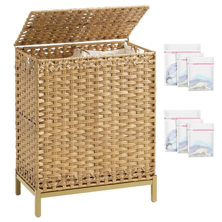 Cesto Portabiancheria con Coperchio, 112 L, in Vimini Intrecciato a Mano, 2 Sacchi Interni Rimovibili, Piedini Rialzati in Metallo, 6 Sacchi a Rete, 2 Scomparti