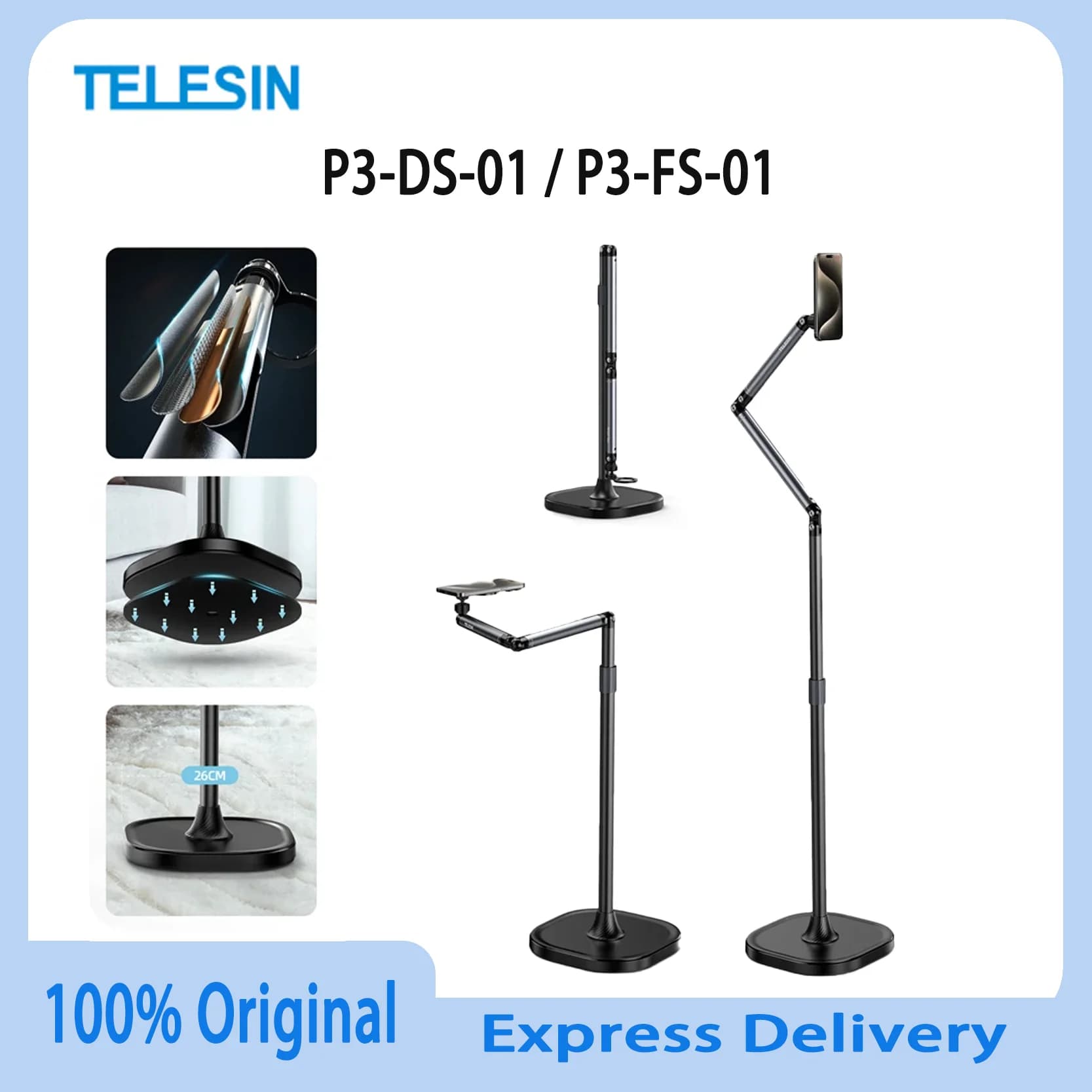 Original adjustable table stand Telesin P3-DS-01 P3-FS-01 for phone and camera with flexible arm and stable base.
