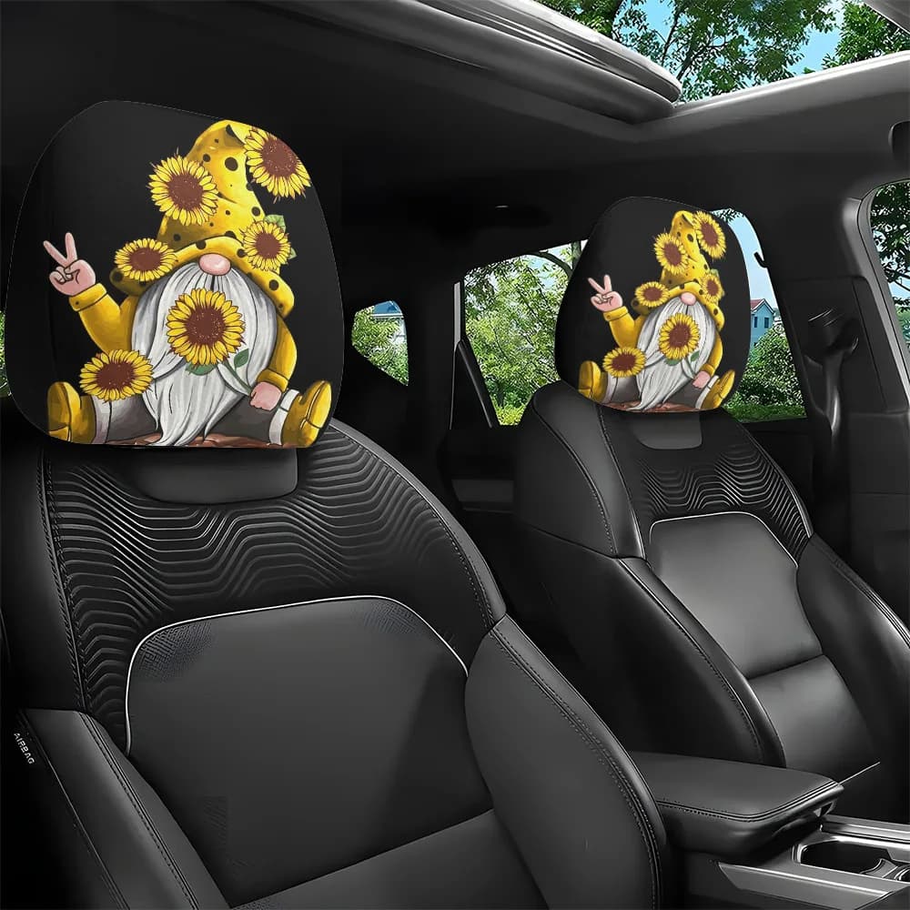 Set da 2 pezzi, copri poggiatesta per auto con motivo simpatico e fantasioso a forma di gnomi girasole, decorazione per interni auto, facile da installare e rimuovere