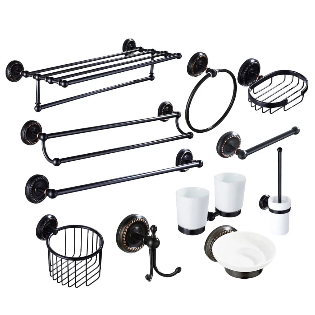 Set di accessori per il bagno a parete in ottone lucidato a olio nero, portasciugamani per accessori da bagno azh130