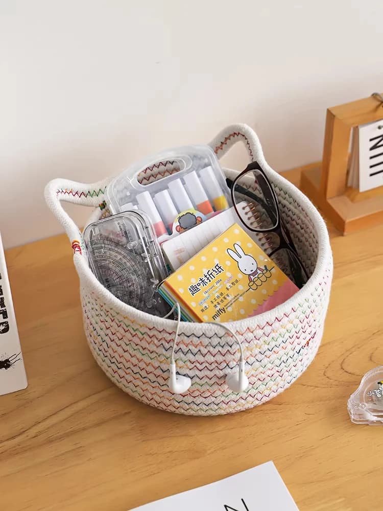 Hand woven cotton desk box with cute cartoon design, for cosmetic brushes, lipsticks, snack, round shape with sliding cover