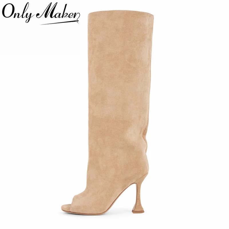 Onlymaker Stivali Alti al Ginocchio da Donna con Punta Aperta e Pieghe, Tacco Alto Svasato, in Finta Pelle Scamosciata, Modello Pull-On