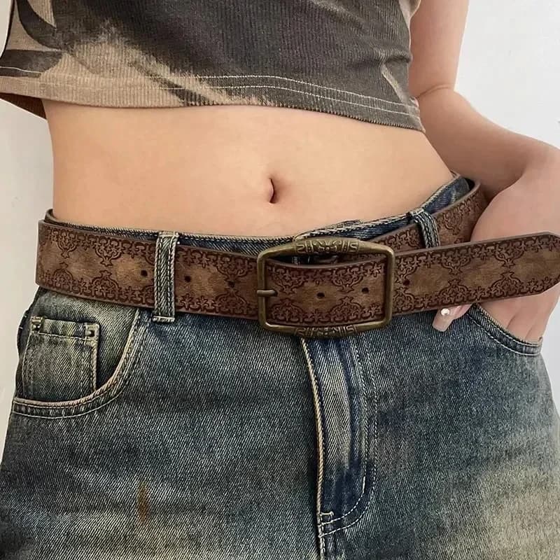 Pattern Print Retro Y2K Belts For Women Luxury Designer Brand Pin Buckle Waist Jeans Belt Female Pu Leather Hip Hop Waistband