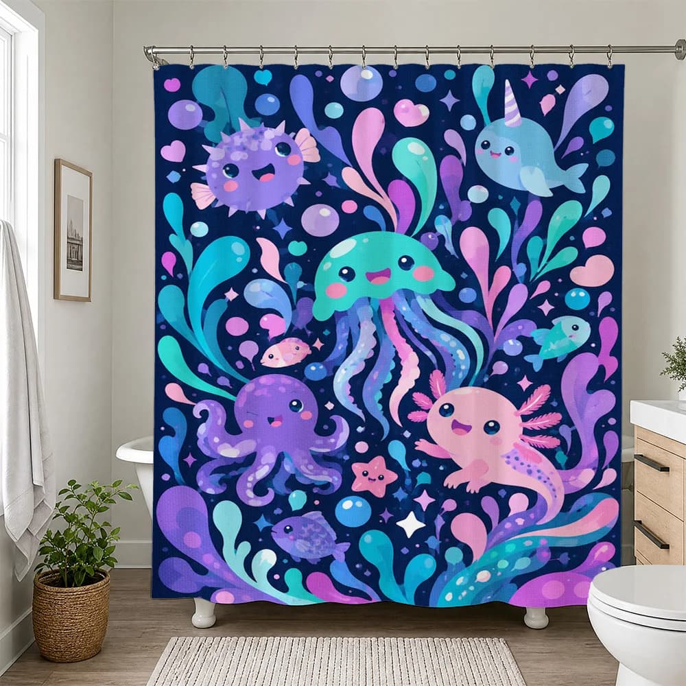 Vibrant Underwater Ocean Life Shower Curtain Cute Cartoon Sea Creatures Bathroom Decor