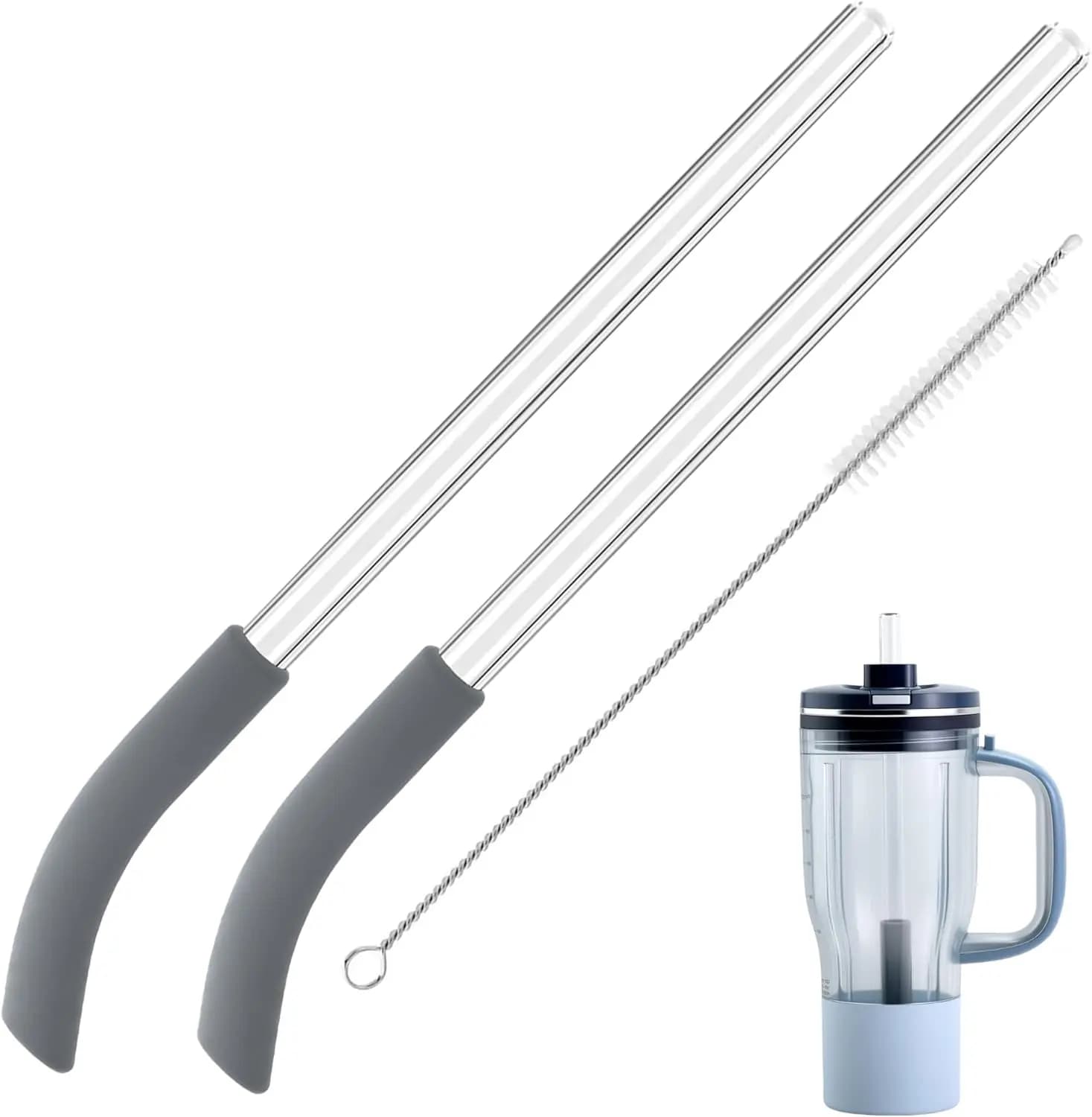 2 Pack Replacement Straw for Ninja BlendBOSS Personal Smoothie Blender Tumbler Reusable Glass Straws With Cleaning Brush