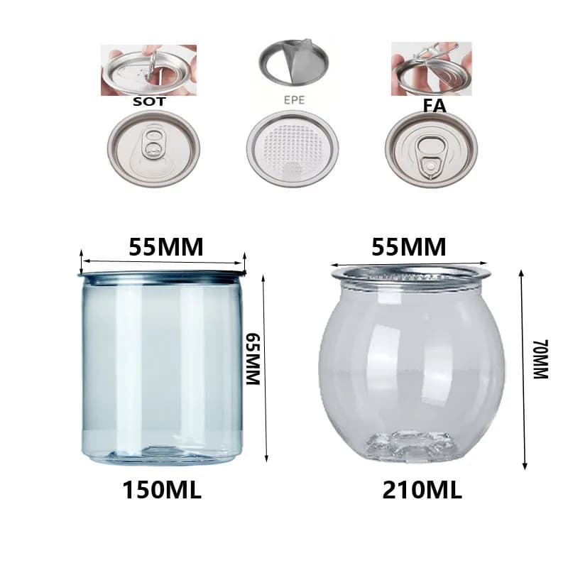 100-piece PET plastic jar with easy to open lid SOT/EPE/FA - 150 ml cylindrical transparent container and 210 ml bulb shape