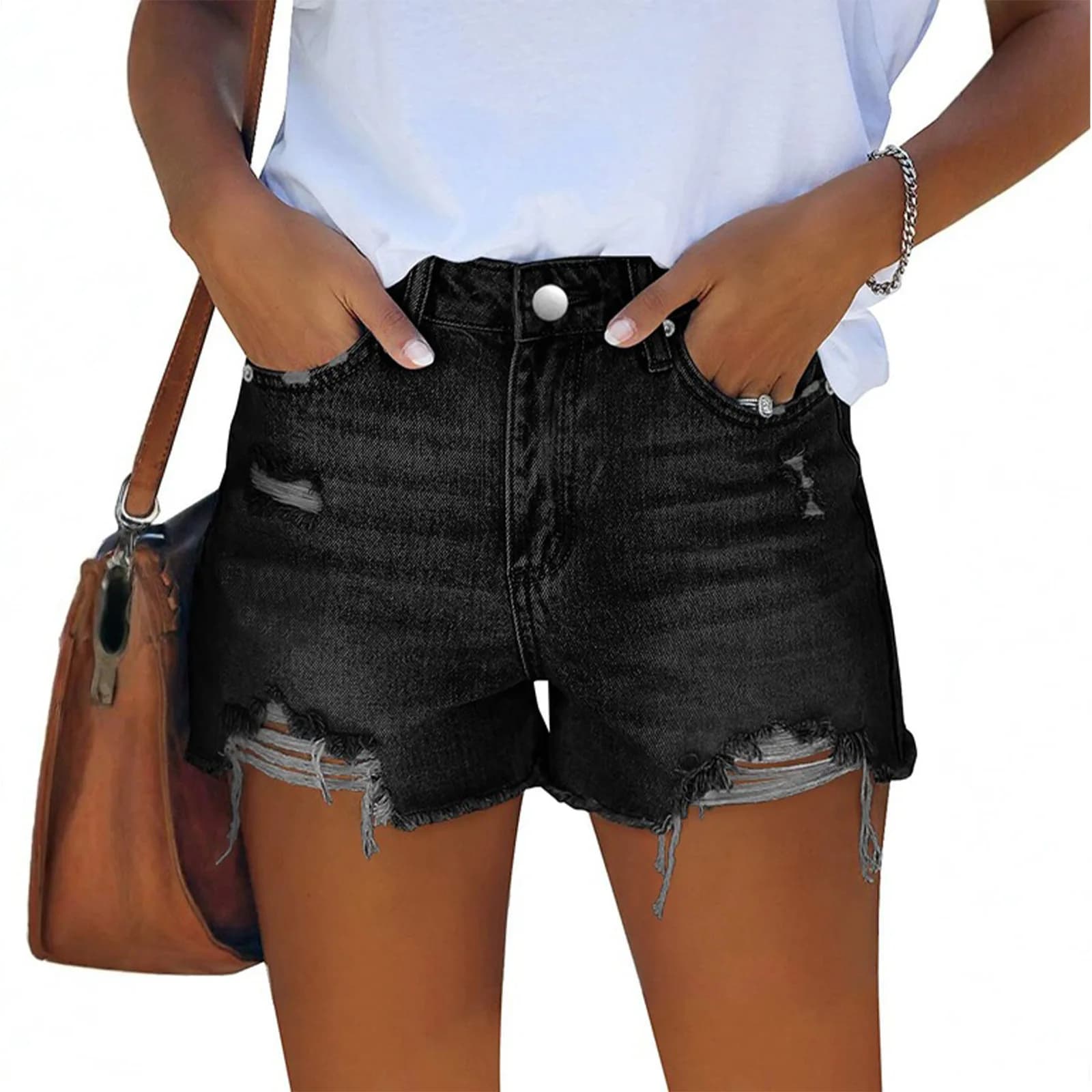 American Vintage Style Fashion Women's Hole Patched Simple Slim Blue Washed Denim Trousers Female Trendy Jean Shorts Clothes