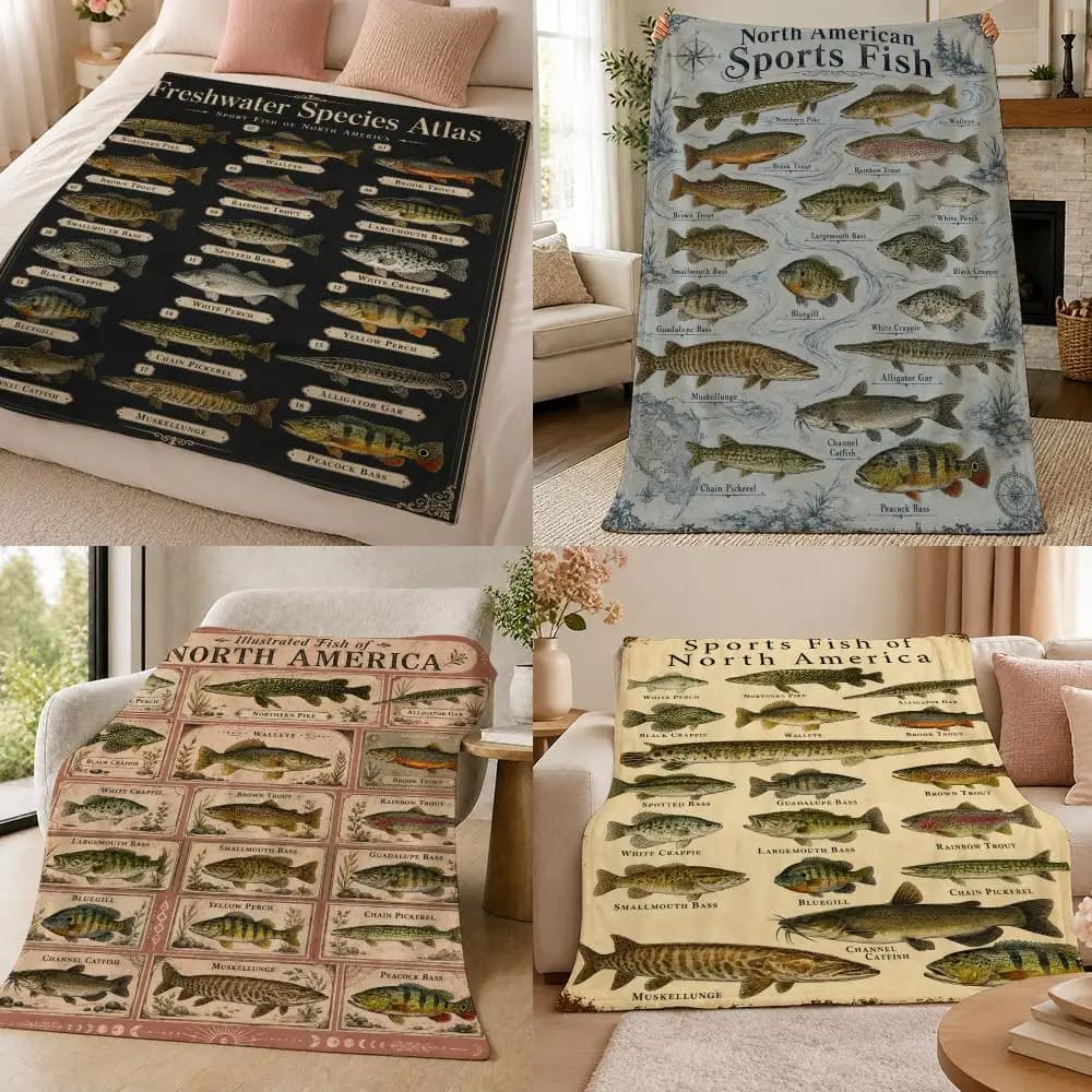 Freshwater Fish Species Vintage Atlas Graphic Throw 320g Soft Flannel Fleece Throw Blanket Cover Sofa Bed Dorm Nap