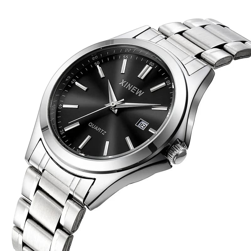 1 pc/lot XINEW Men Brand Watches Silver Students Fashion Stainless Steel Band Simple Date Watch Quartz Reloj Hombre Montre Homme