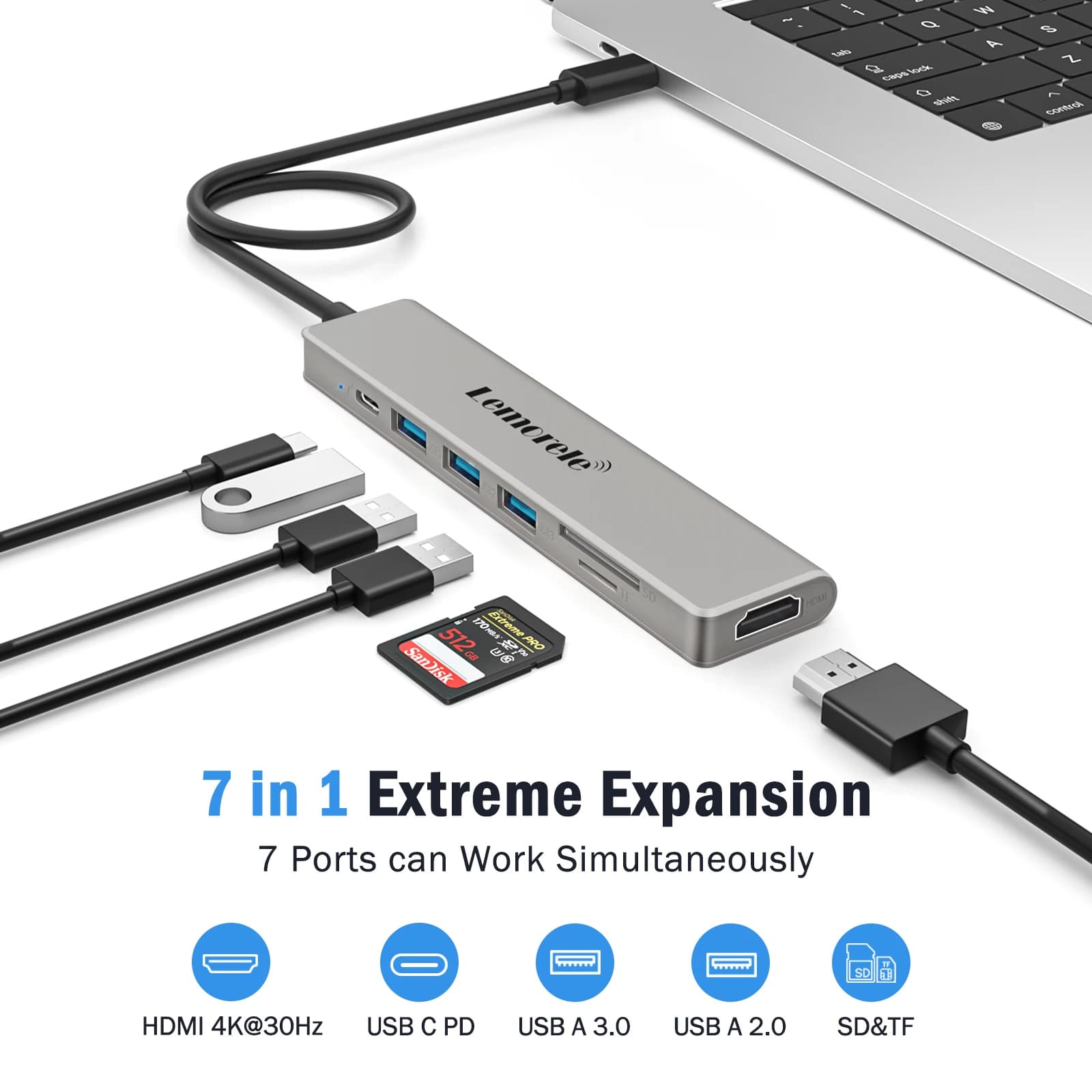 Lemorele TC70 Hub USB C 3.0 Docking Station HDMI 4K@30Hz 100W PD Slot SD/TF Trasferimento Rapido per Laptop Macbook Windows