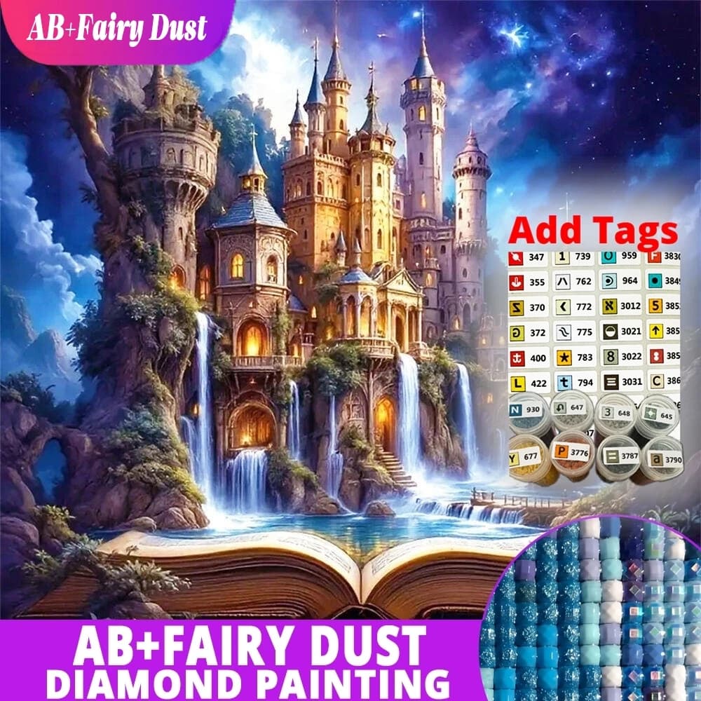 Fairy Dust AB Diamond Painting Castle Rhinestones Mosaic Waterfall Picture Diamond Embroidery Book Landscape Wall Art