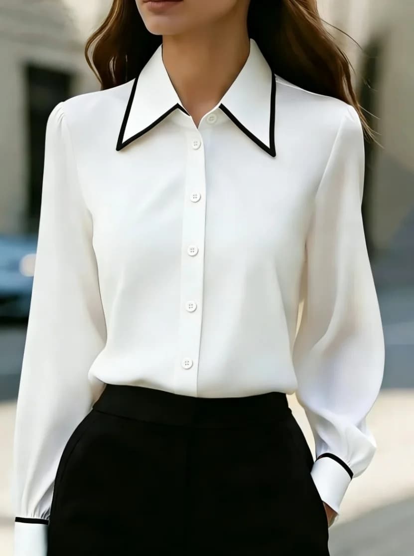 Camicetta elegante da donna in raso a maniche lunghe con colletto a contrasto e bottoni, per l'ufficio, il lavoro e l'abbigliamento casual