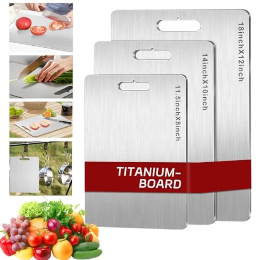 Set of 3 100% Pure Titanium Taglieri for Kitchen, Double Side Anti-Agent, Food Grade for Meat, Fruit and Vegetables