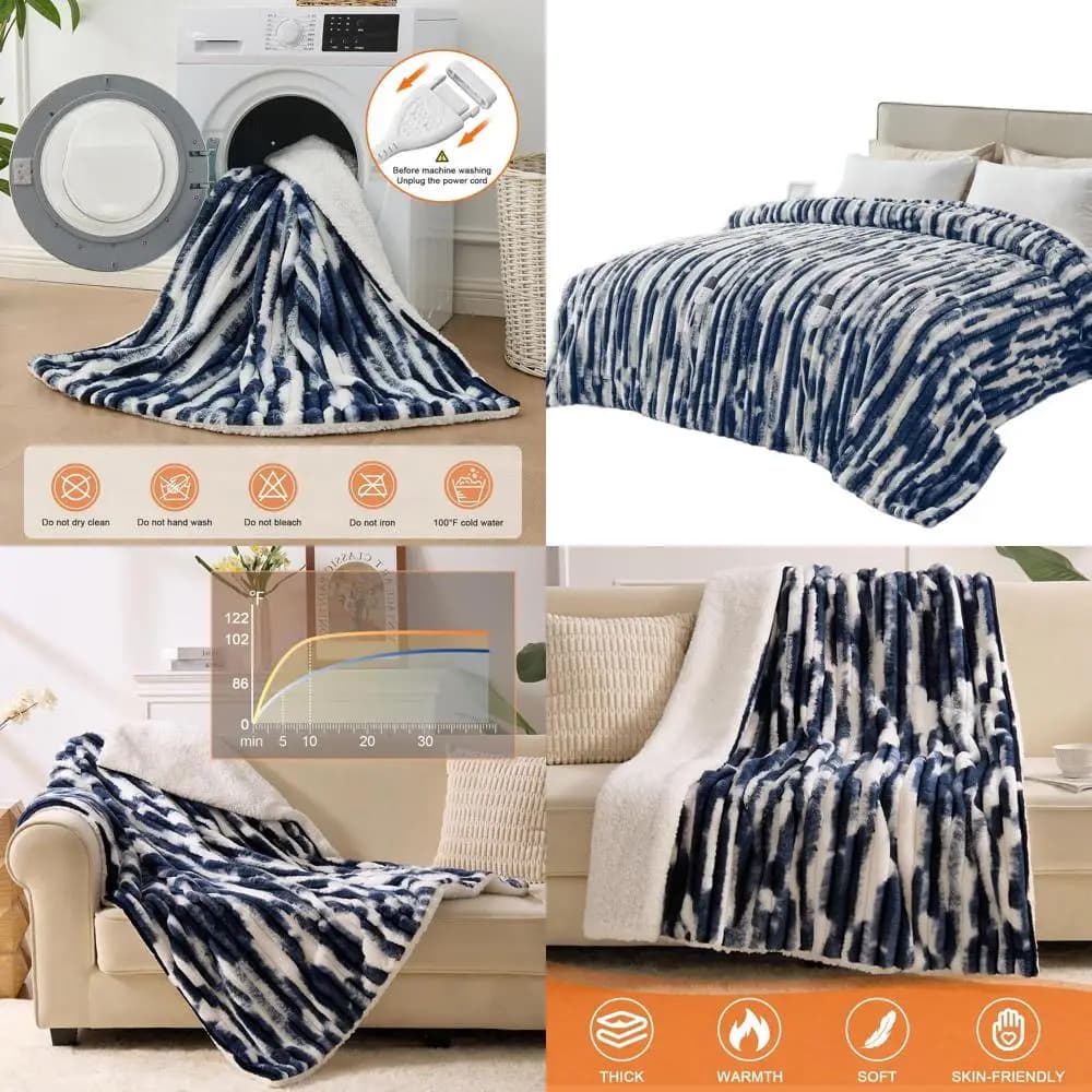 Coperta Elettrica Queen Size 84x90 con Doppi Controlli, 6 Livelli di Calore, Spegnimento Automatico 10 Ore, Morbido Sherpa, Protezione da Surriscaldamento, Blu Navy