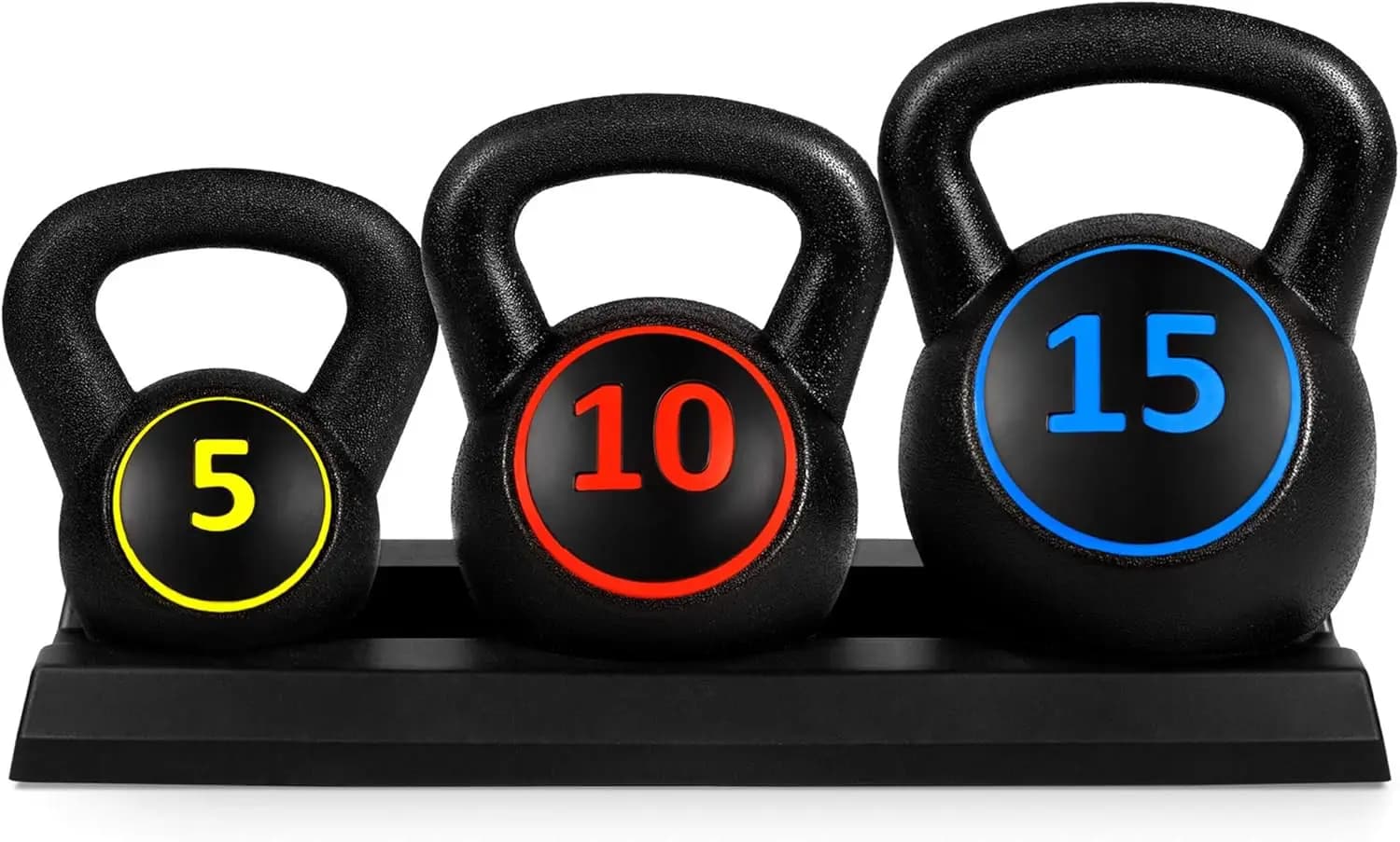Set of 3 Kettlebell with Support, HDPE Cement Weights for Home and HIIT Strength Training, 5lb 10lb 15lb