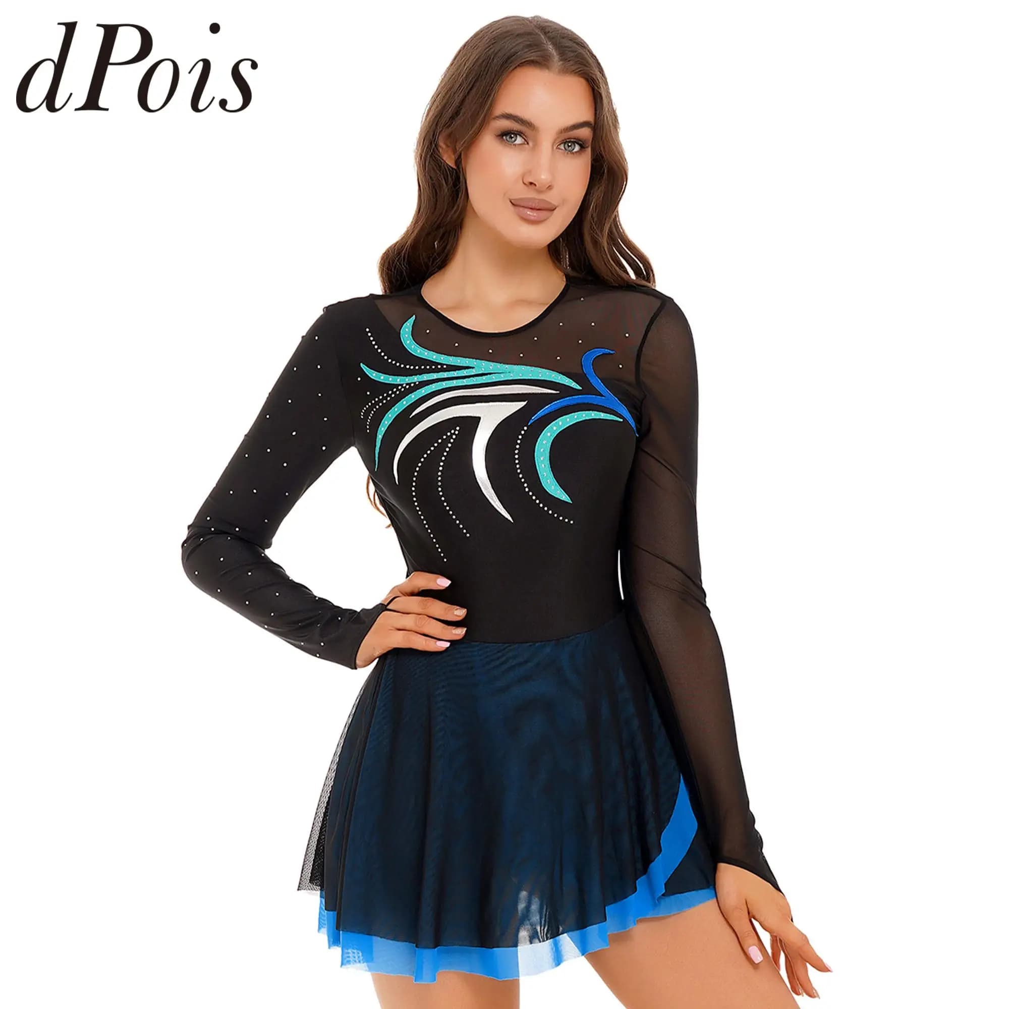 Vestiti per pattinaggio su ghiaccio con strass abiti da pattinaggio artistico a maniche lunghe con Patchwork in rete trasparente da donna