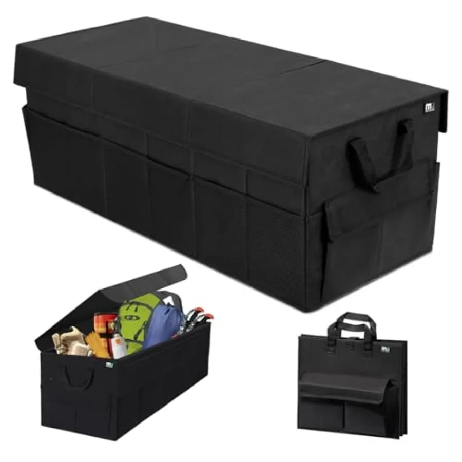Organizer per Bagagliaio con Coperchio 72L, Grande Organizzatore per Auto con 12 Tasche, Fondo Antiscivolo, Pieghevole, 3 Scomparti, Contenitore per Auto