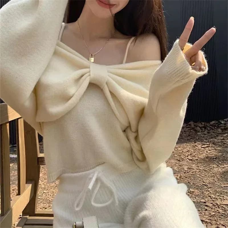 Maglione a maniche lunghe con fiocco dolce donna Slim Fit canotte lavorate a maglia semplici autunno inverno 2024 nuovo Set di due pezzi Chic coreano Y2k