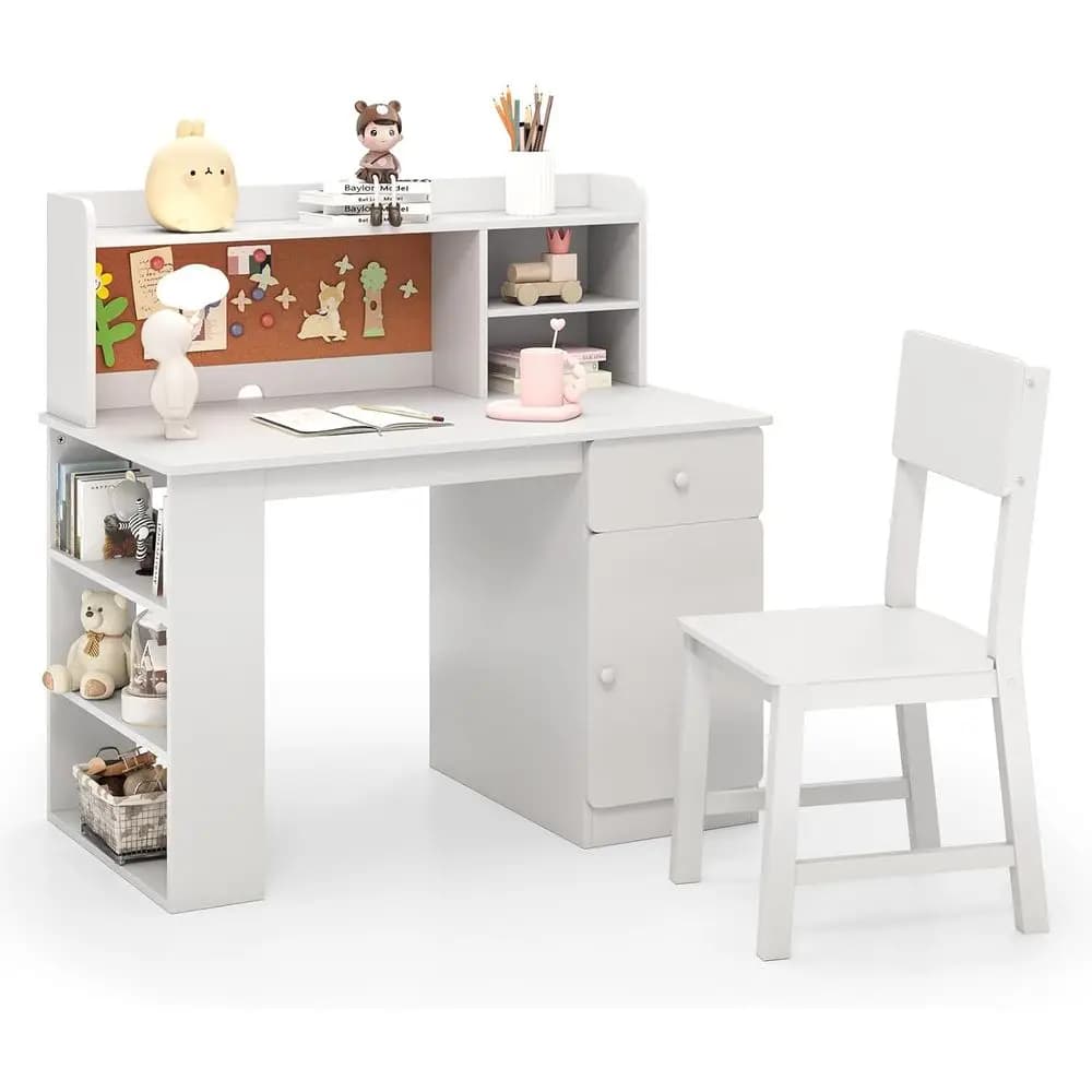 Set Scrivania e Sedia per Bambini in Legno Bianco con Mobiletto, Bacheca, Gestione Cavi e Spazio di Archiviazione per Studio e Postazione Computer