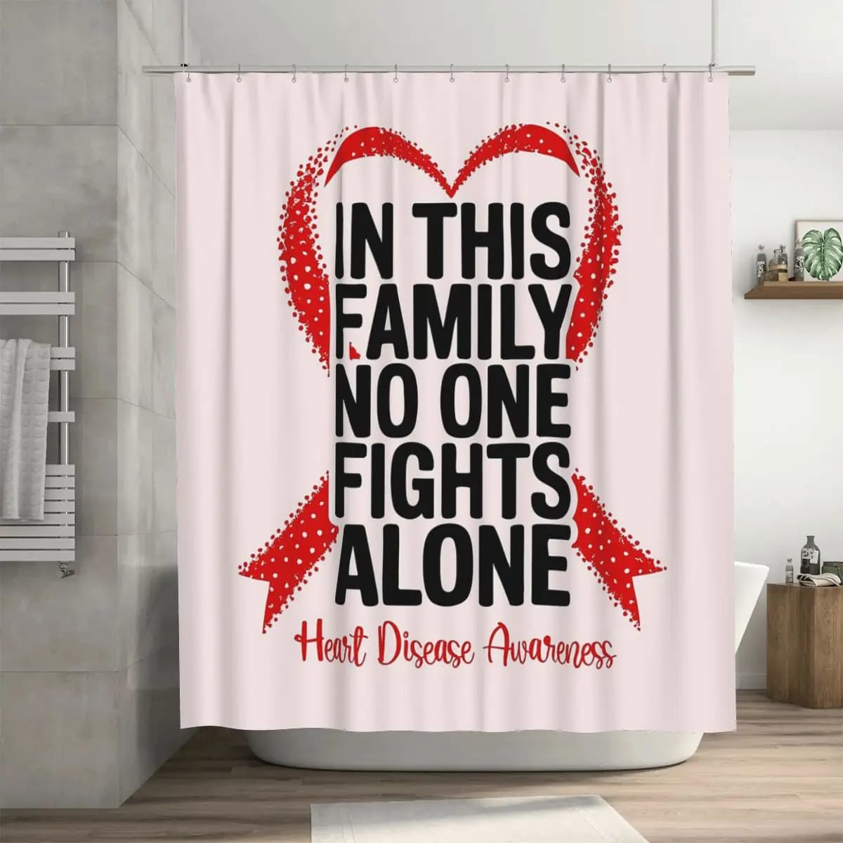 Tenda da doccia in poliestere impermeabile con ganci, motivo Famiglia, Supporto, Cuore, Guerriero, Consapevolezza