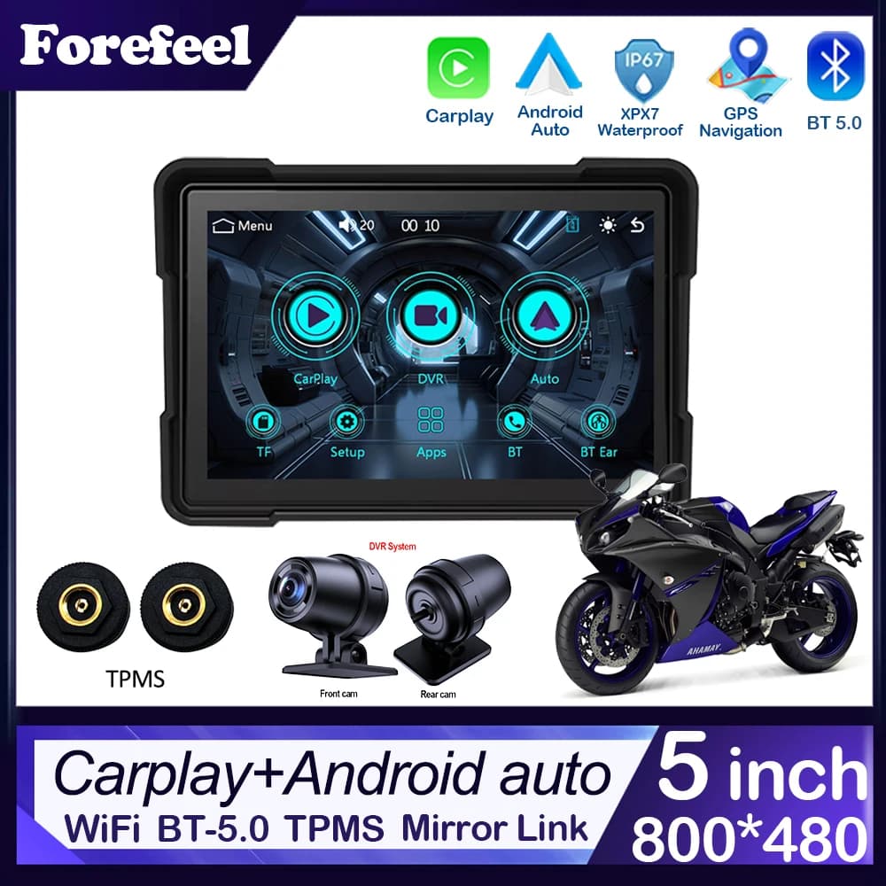 For Motorcycle Carplay Waterproof 1080P 5 Inch WiFi Wireless Android-Auto DVR Monitor Dash Cam GPS Navigation TPMS Portable