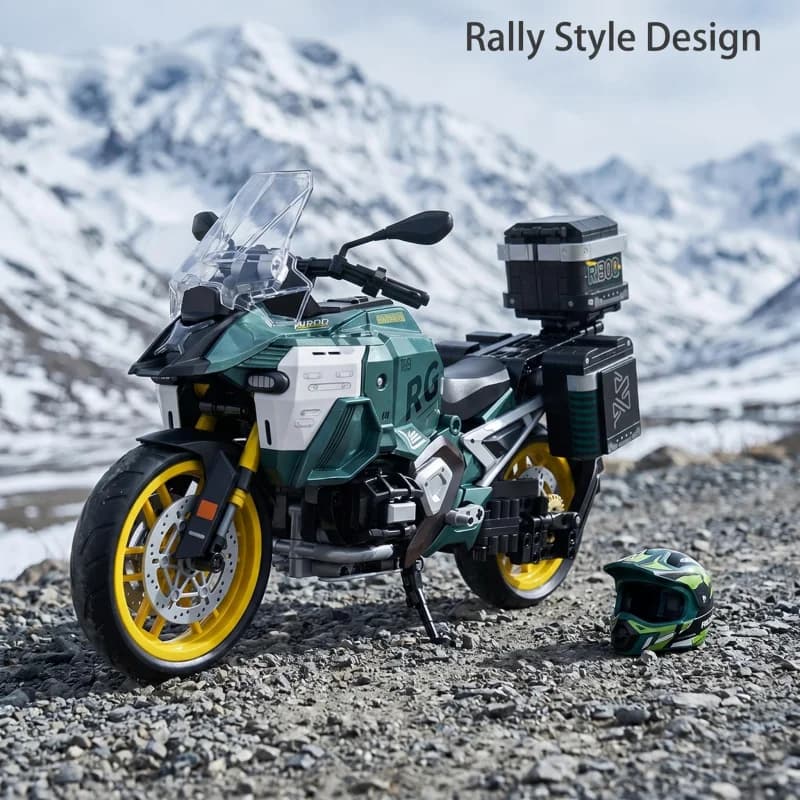 1:8 scale adventure travel motorcycle building block set, green off-road motorcycle model with luggage box and shock absorbers,