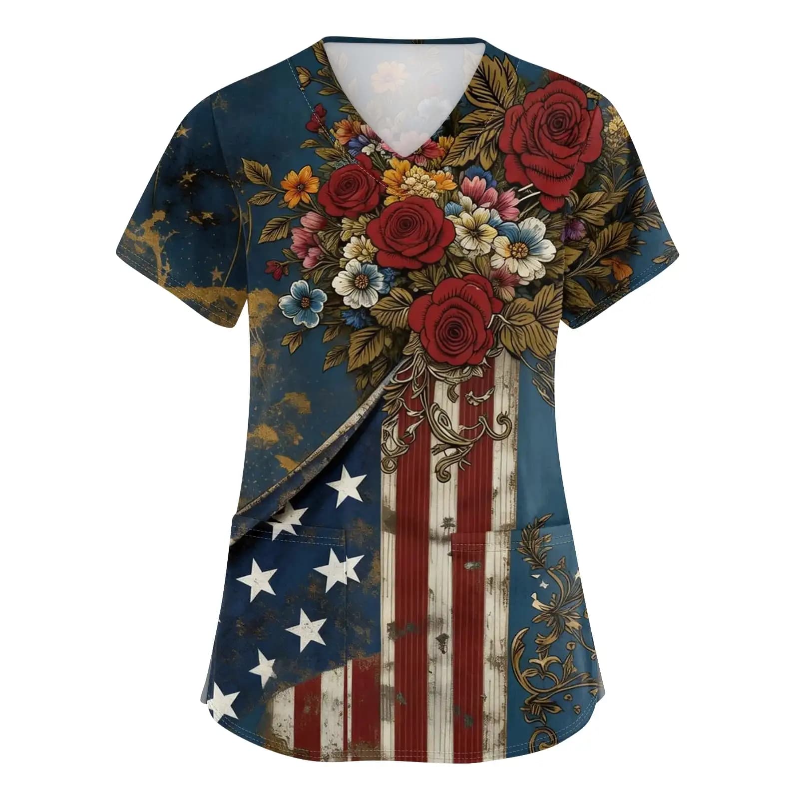 Top da Infermiera per Donne con Scollo a V e Maniche Corte, Maglietta con Bandiera Americana per il 4 Luglio, Camicetta Patriottica