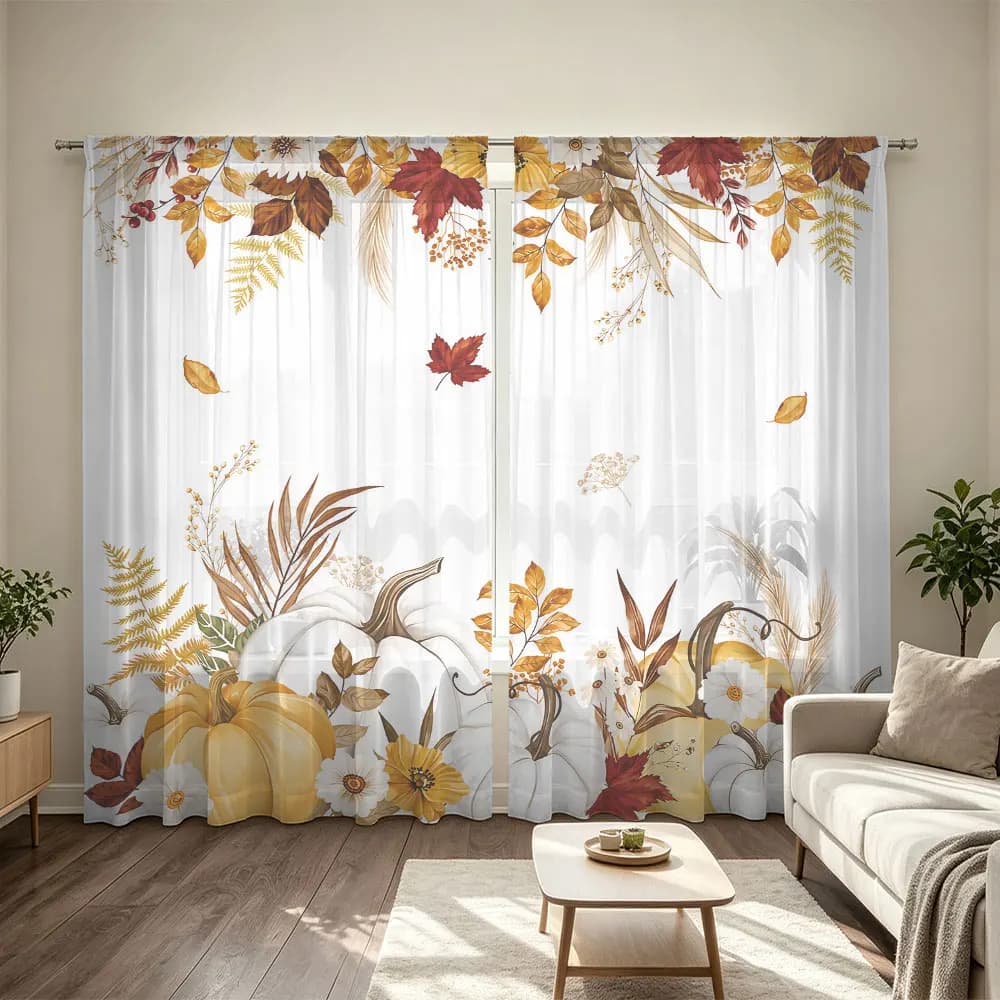 2pcs 90g rod-mounted curtains featuring autumn pumpkin flower and leaf decorative patterns, perfect for home decoration.