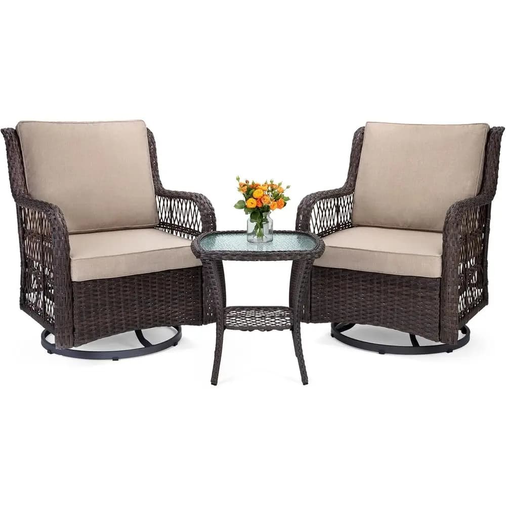 Set di 3 Sedie a Dondolo Girevoli in Rattan per Esterni con Tavolino Laterale e Cuscini Beige per Patio, Terrazza o Giardino