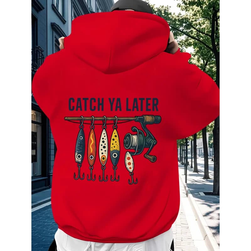 “CATCH YA LATER” Stampe divertenti a tema pesca Felpa con cappuccio da uomo per autunno e inverno Esca a forma di amo da pesca multicolore sul retro